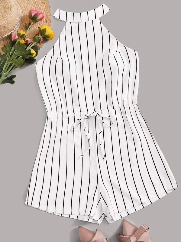 

Drawstring Waist Striped Playsuit, Black and white