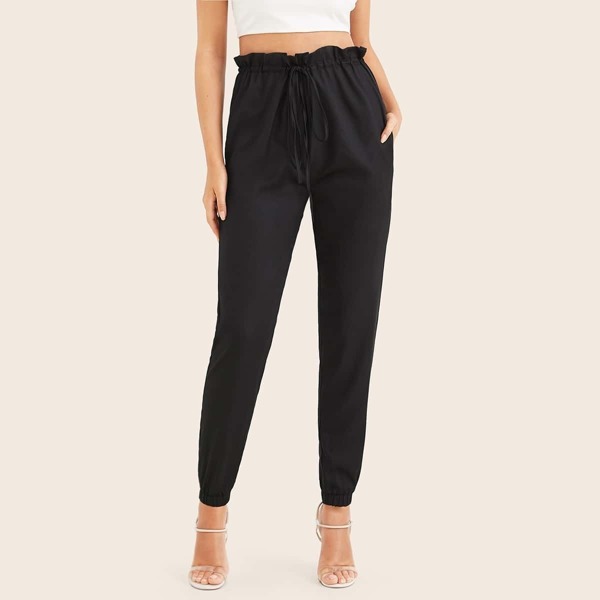 

Drawstring Waist Frill Waist Pants, Black