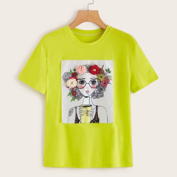 

Neon Lime Stereo Flowers Figure Graphic Tee