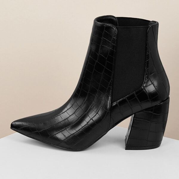 

Pointed Toe Crocodile Embossed Block Heel Booties, Black