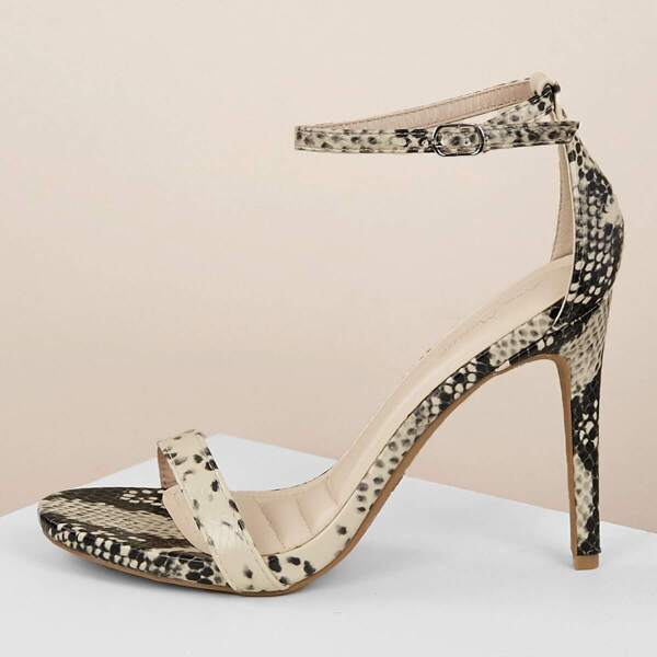 

Snakeskin Band Buckled Ankle Heeled Sandals, Multicolor