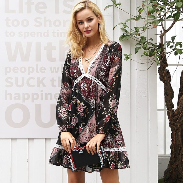 

Simplee Floral Scarf Print Lace Insert Dress