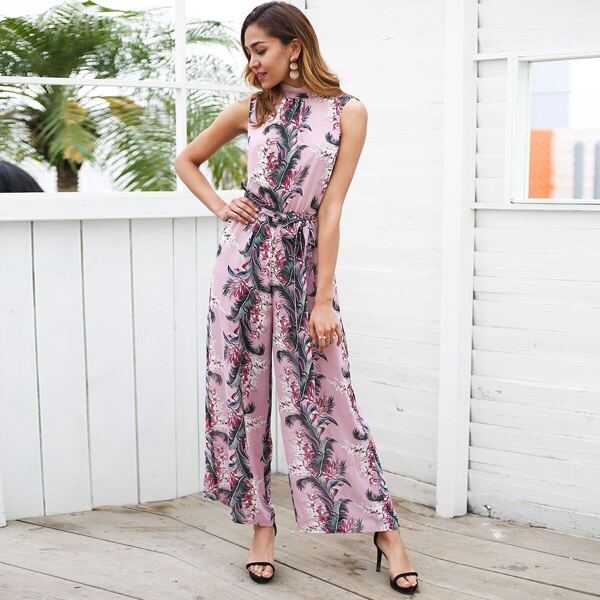

Plant Print Tie Back Belted Maxi Jumpsuit, Pink