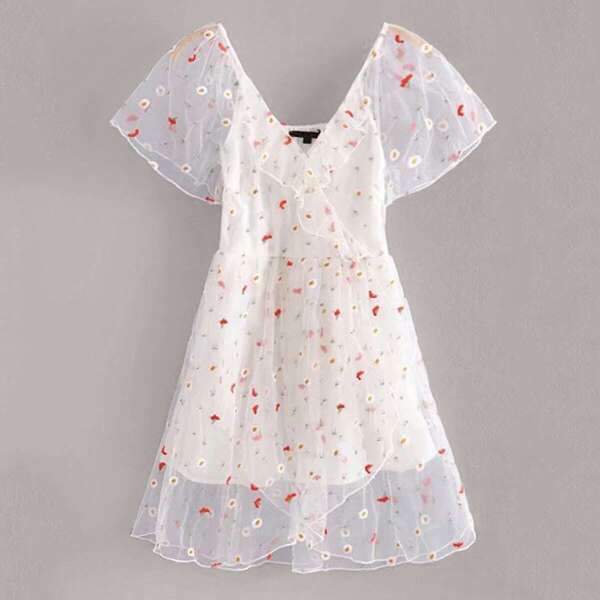 

Embroidery Mesh Ruffle Trim Dress