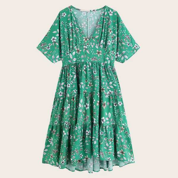 

Ditsy Floral Ruffle Hem Dress, Green