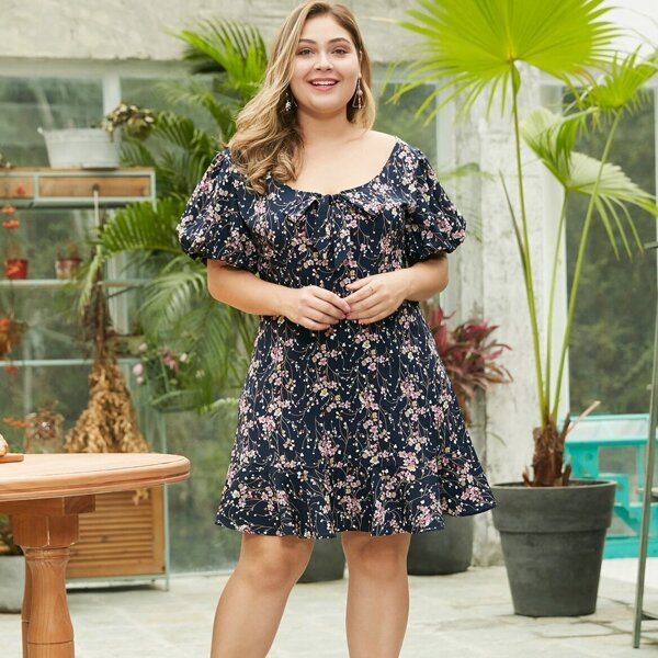 

Plus Ditsy Floral Bishop Sleeve Pep Hem Dress, Multicolor