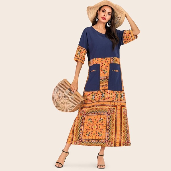 

Pocket Patch Spliced Maxi Tunic Dress, Multicolor