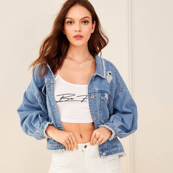 

Solid Ripped Button Front Denim Jacket