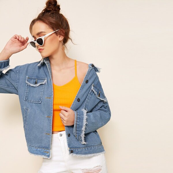 

Raw Hem Single Breasted Denim Jacket, Blue