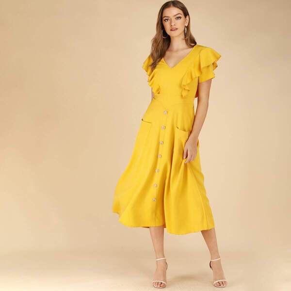 

Button Front Dual Pocket Ruffle Sleeve Dress