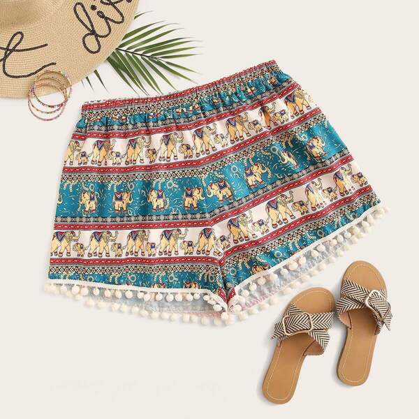 

Plus Pom Pom Tribal Print Shorts