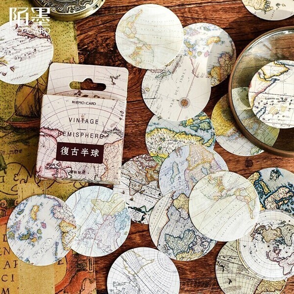 

Vintage World Map Print Round Sticker 46pcs
