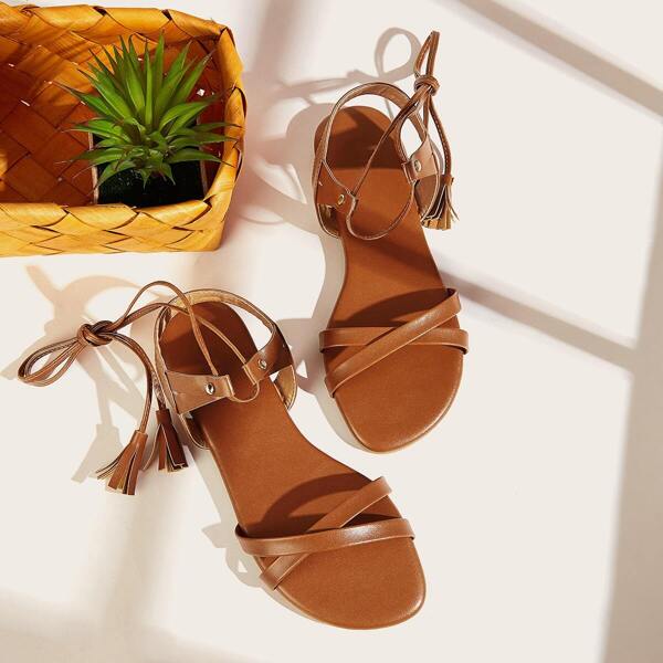 

Tie Leg Tassel Decor Sandals, Coffee brown
