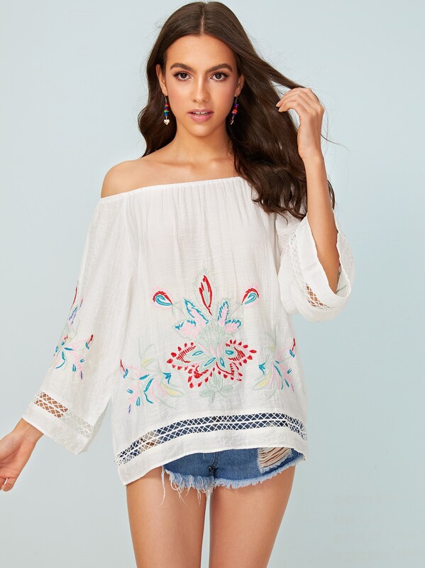 

Floral Embroidery Off Shoulder Blouse, White, Fernanda