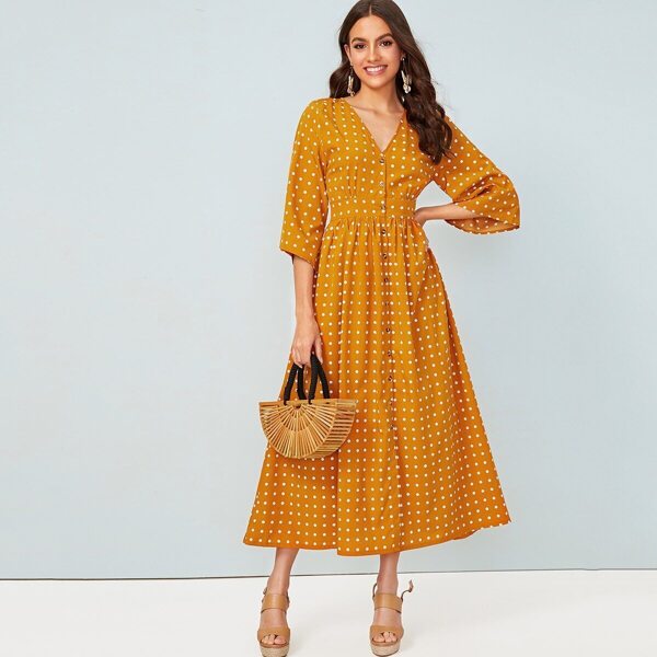

Polka Dot Print Button Front Shirt Dress, Yellow