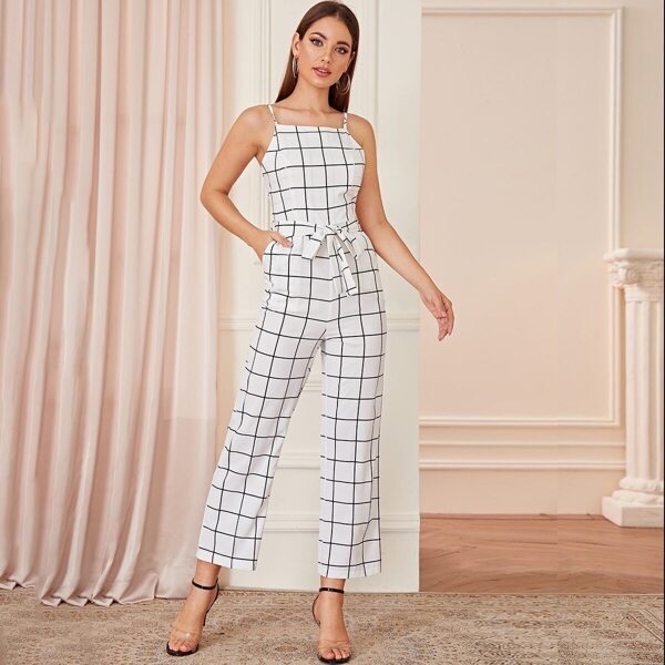 

Grid Print Belted Cami Jumpsuit, White