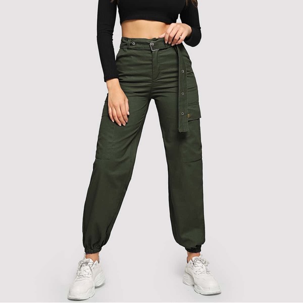Flap Pocket Grommet Belted Cargo Pants, Army green