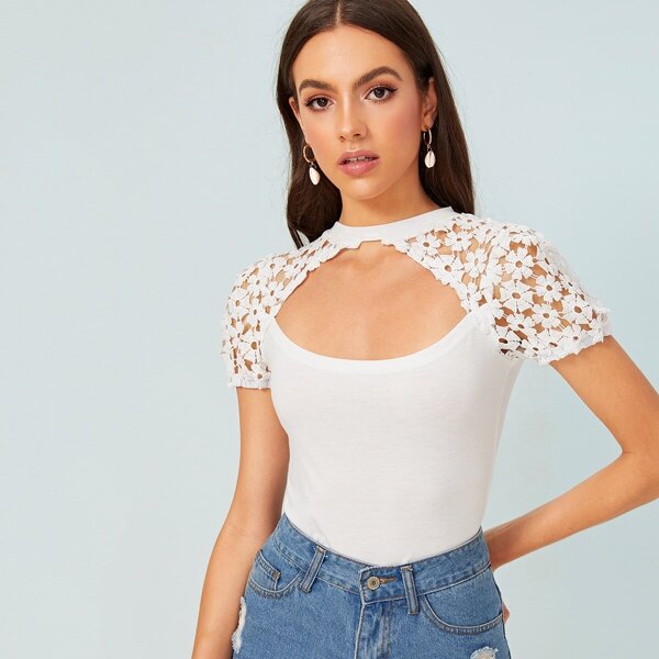

Contrast Guipure Lace Cut Out Slim Tee