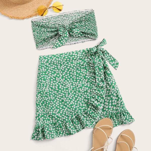 

Ditsy Floral Print Tie Front Shirred Tube Top With Wrap Skirt, Green