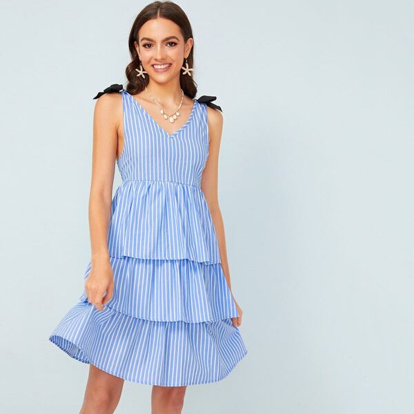 

Striped V Back Layered Hem Dress, Blue