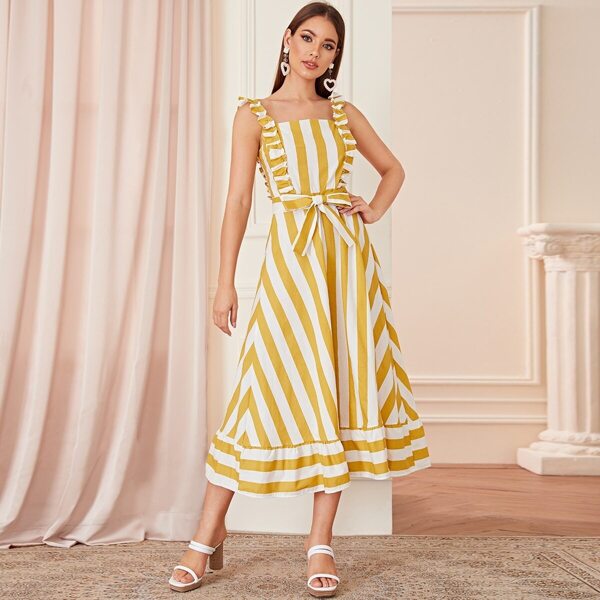 

Striped Frill Trim Ruffle Hem Belted Dress