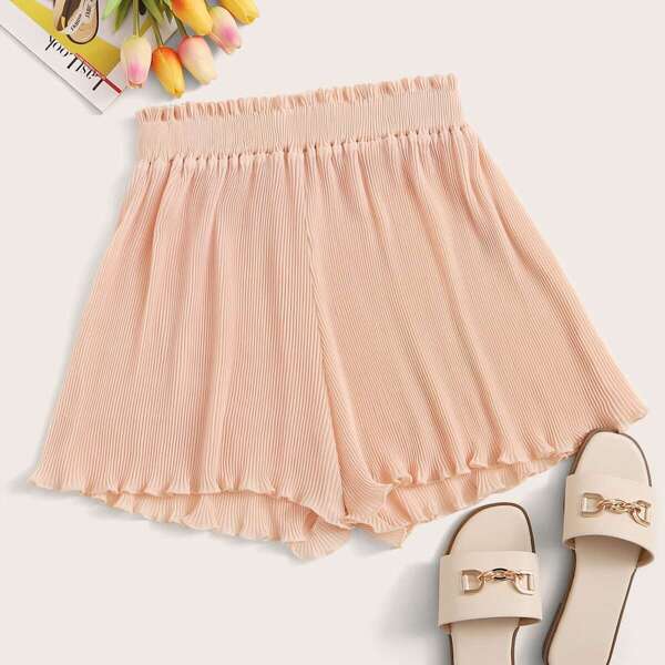 

Solid Lettuce Trim Rib-knit Shorts