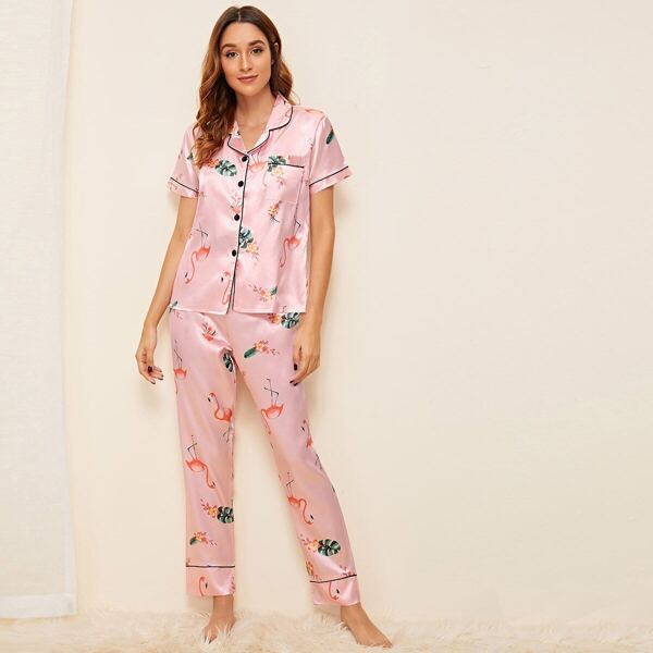 

Flamingo & Tropical Print Satin Pajama Set