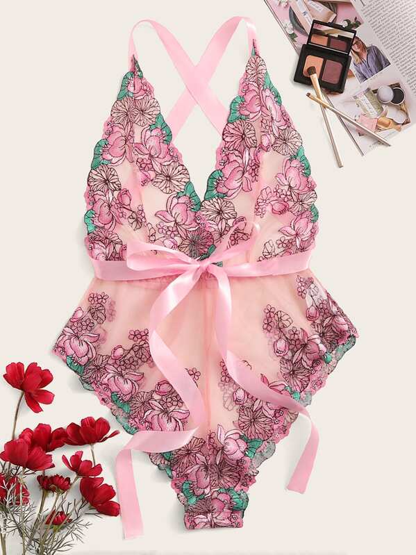 

Floral Embroidered Knot Sheer Teddy Bodysuit, Pink