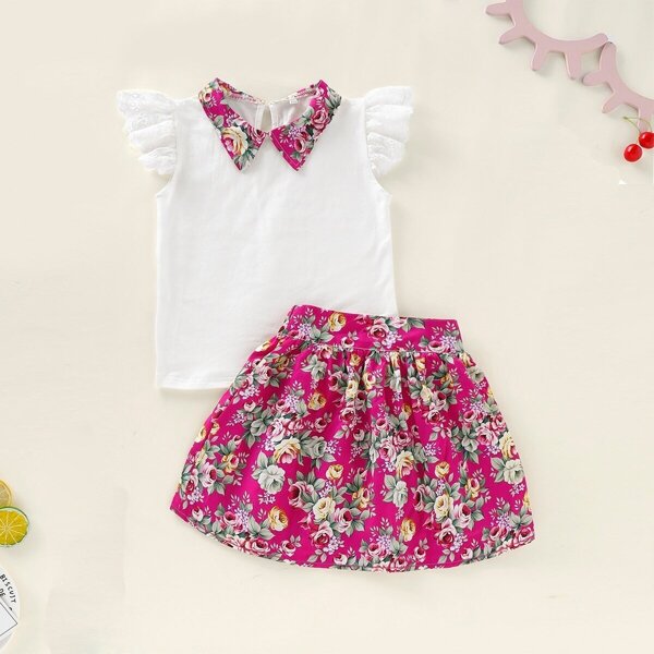 

Toddler Girls Contrast Collar Ruffle Top & Floral Print Skirt, Multicolor