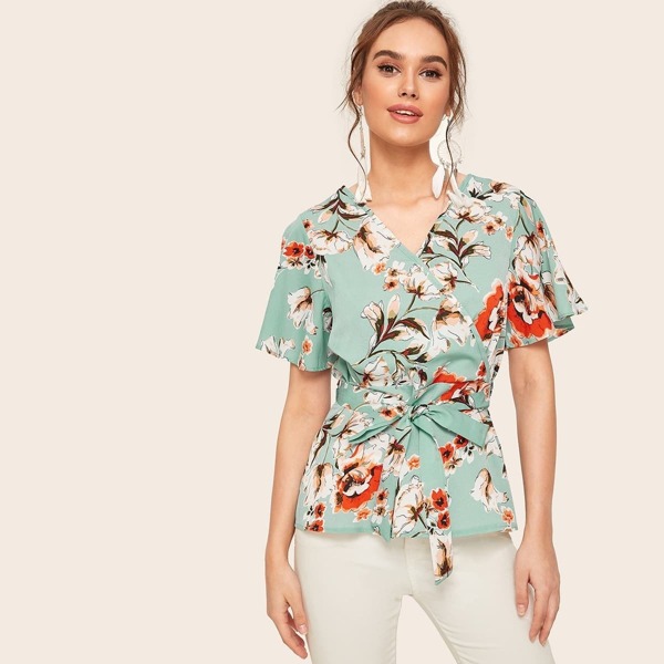 

Surplice Front Floral Print Belted Blouse