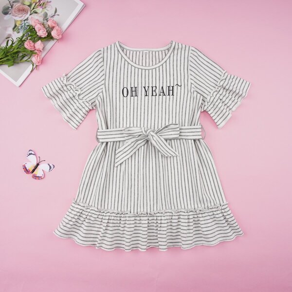 

Toddler Girls Stripe & Letter Print Ruffle Hem Belted Dress
