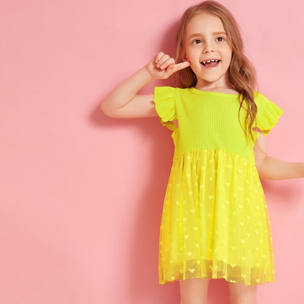

Toddler Girls Neon Yellow Embroidered Mesh Panel Ruffle Cuff Dress