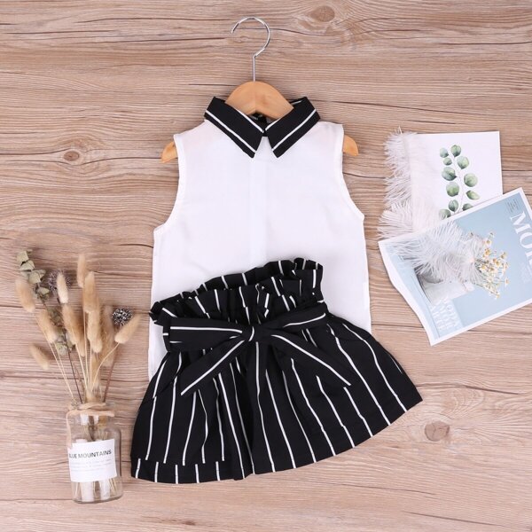 

Toddler Girls Contrast Stripe Collar Sleeveless Top & Striped Paperbag Belted Shorts, Black and white