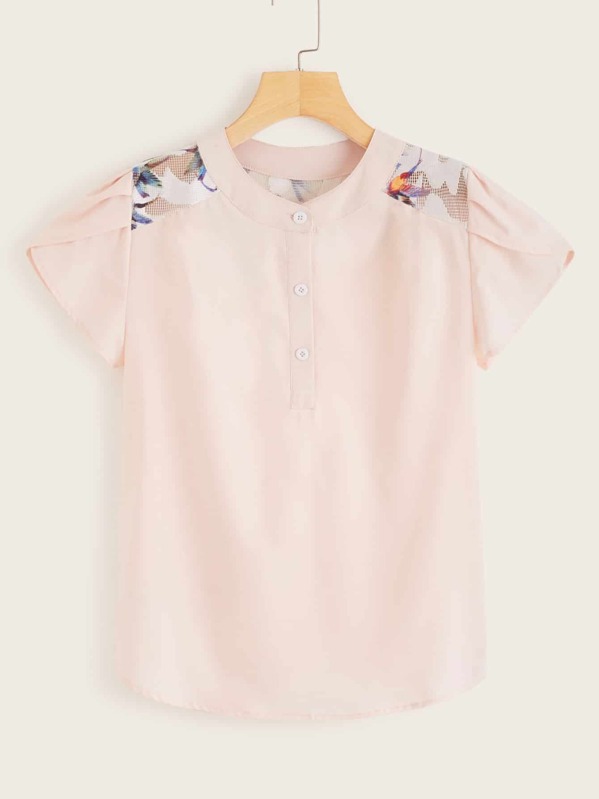 Bird Print Mesh Panel Half Button Yoke Blouse, Pink