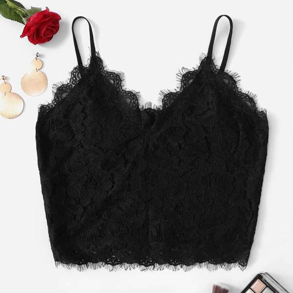 

Lace Scallop Hem Solid Cami Top, Black