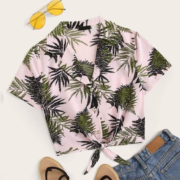 

Jungle Leaf Print Knotted Hem Shirt