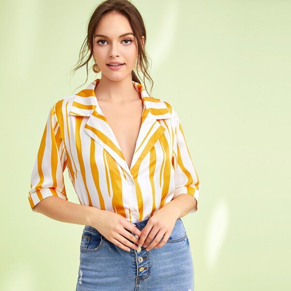 

Striped Roll Up Sleeve Button Front Blouse