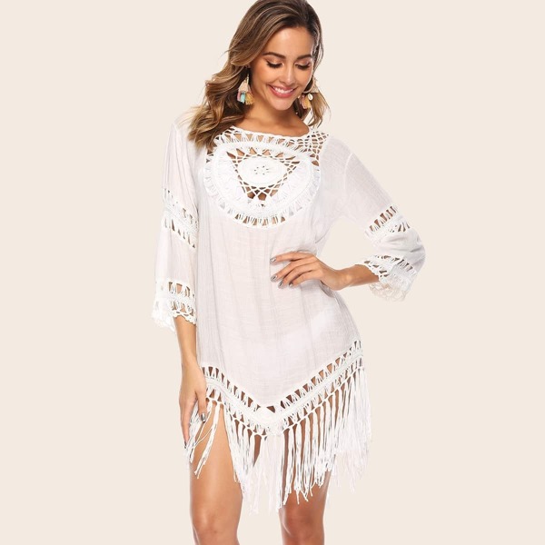 

Fringe Hem Cut-out Crochet Insert Cover Up