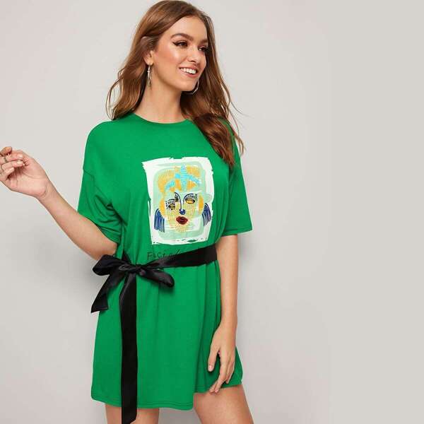 

Cartoon & Letter Print Belted T-shirt Dress