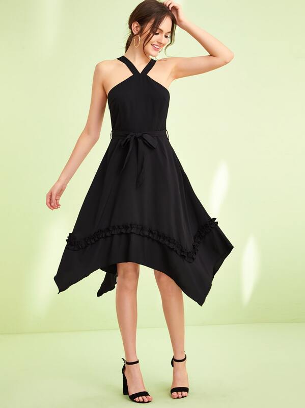 

Frill Trim Self Belted Hanky Hem Dress, Black, Natalia