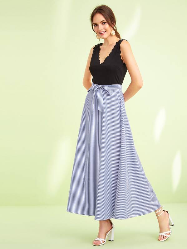 

Striped Scallop Trim Belted Maxi Combo Dress, Multicolor, Natalia