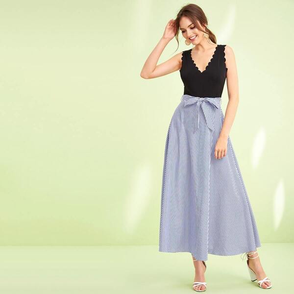 

Striped Scallop Trim Belted Maxi Combo Dress, Multicolor