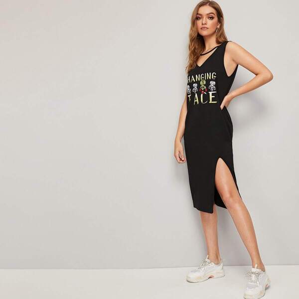 

Letter & Cartoon Print V-cut Neck Split Hem Dress