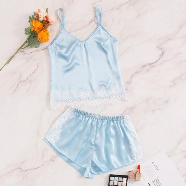 

Eyelash Lace Satin Cami With Shorts