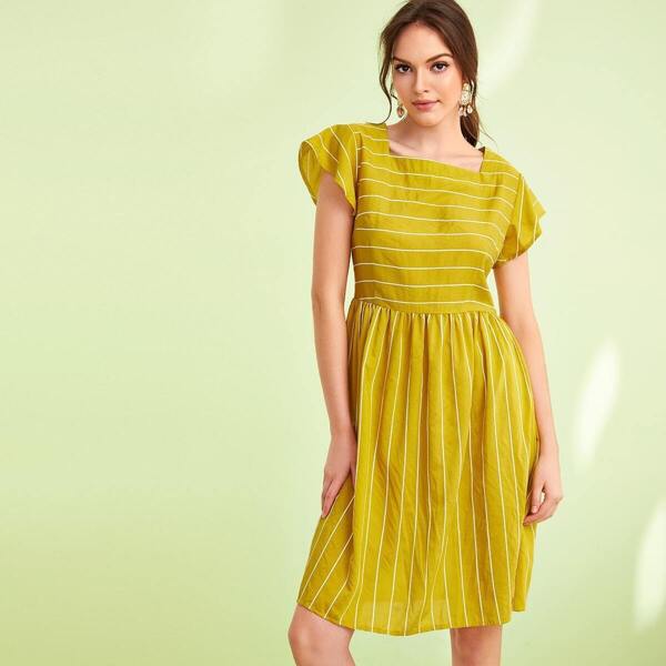 

Striped Square Neck Fit & Flare Dress, Yellow