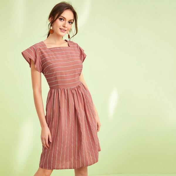 

Striped Square Neck Fit & Flare Dress, Red