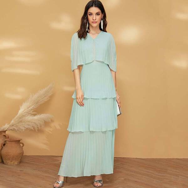 

Solid Layered Hem Pleated Chiffon Dress