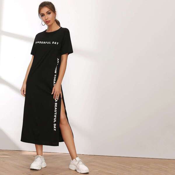 

Letter Print Split Thigh Tee Dress, Black