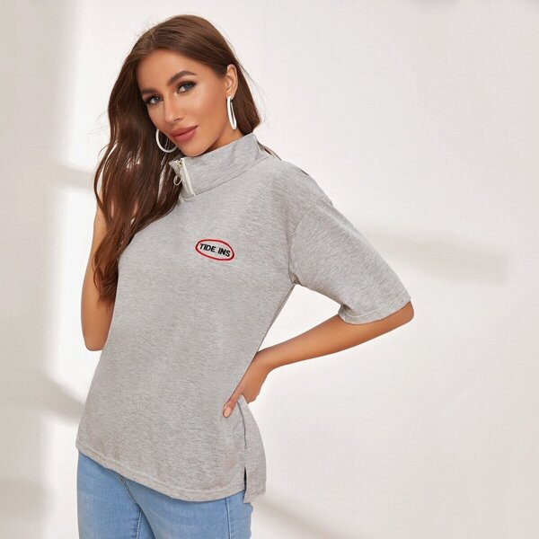 

Letter Embroidered Mock Neck Zipper Detail Top, Grey