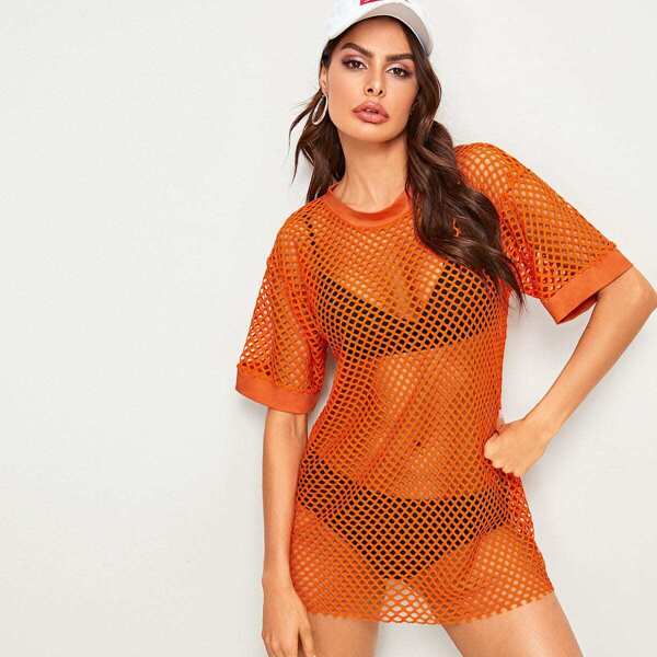

Neon Orange Fishnet Tee, Orange bright